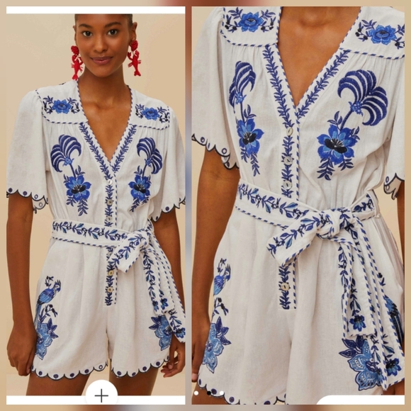FARM Rio Blue Delicate Forest Richelieu Embroidered Romper
